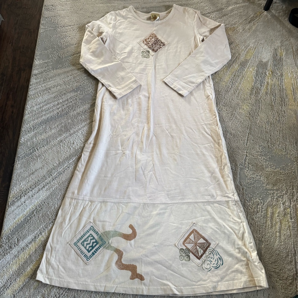 Blue Cactus maxi dress long sleeve Creme Southwest Native cotton dress small